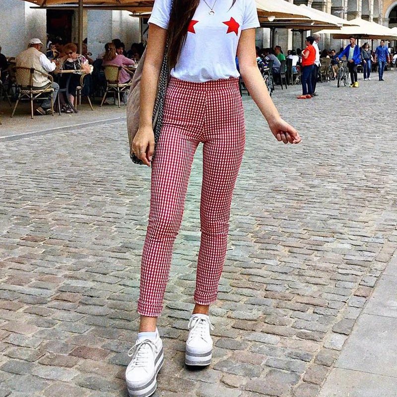 

Fashion Harajuku Red Plaid Pencil Pants Slim Bodycon Trousers Women Clothes Ankle-Length Elastic Waist Casual Skinny Streetwear