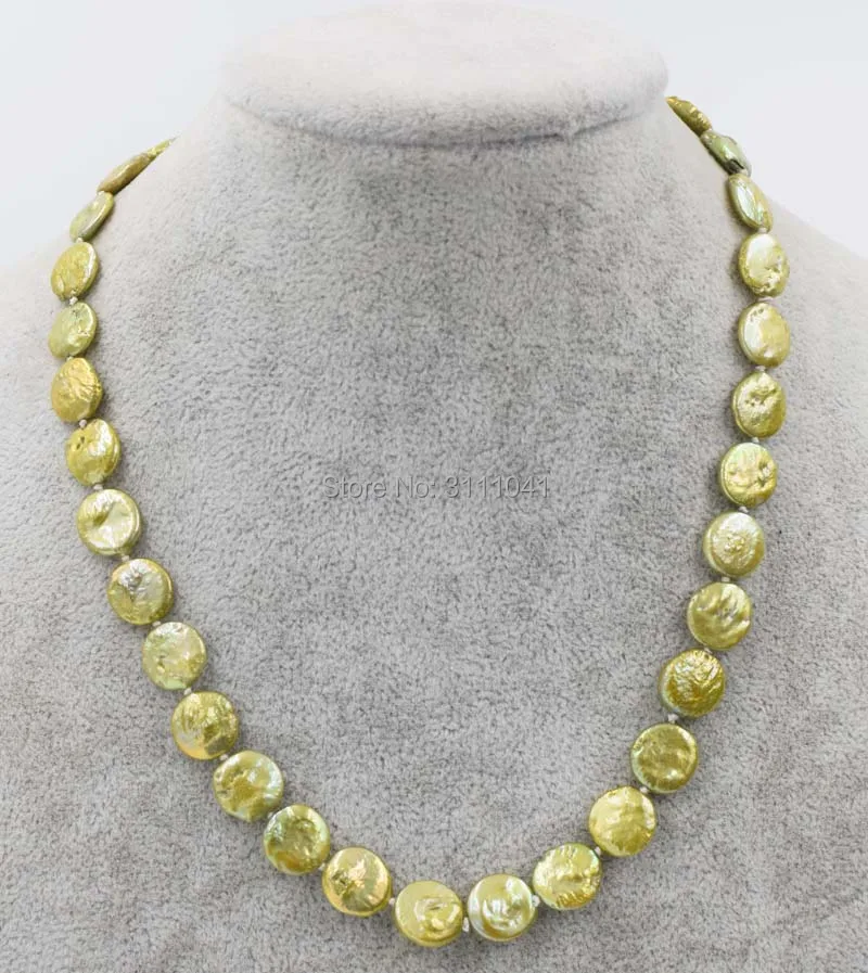 

freshwater pearl green 10-13mm coin necklace 17inch FPPJ wholesale beads nature