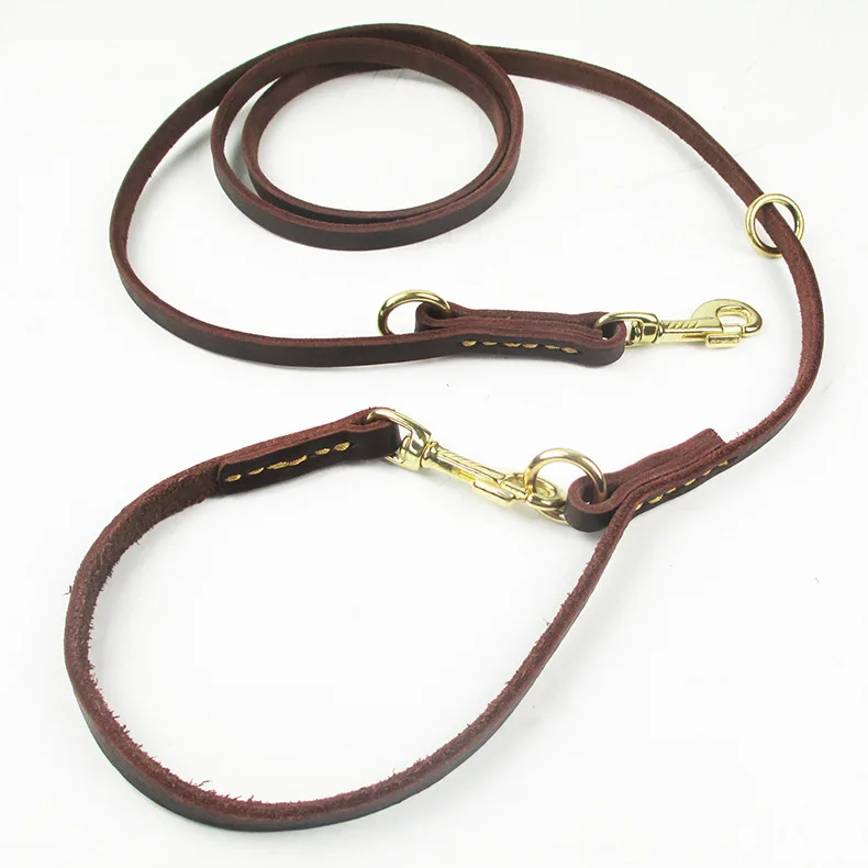 Multifunctional two Dog Leash Genuine Leather Double Leashes P chain Collar Adjustable Long Short pet Dog Walking Training Leads