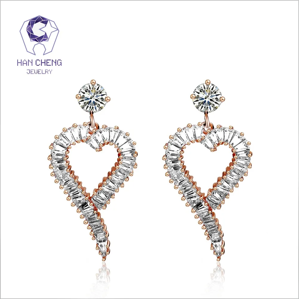 HanCheng New Big Copper Hollow Heart Hanging 925 Silver Nail Gem Stone CZ Zircon Drop Earrings For Women Jewelry brincos bijoux | Украшения
