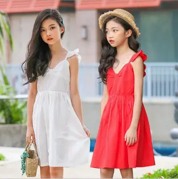 

2019 Korean style girls ruffles dress cotton fashion summer girls vest dresses 4-9t B209