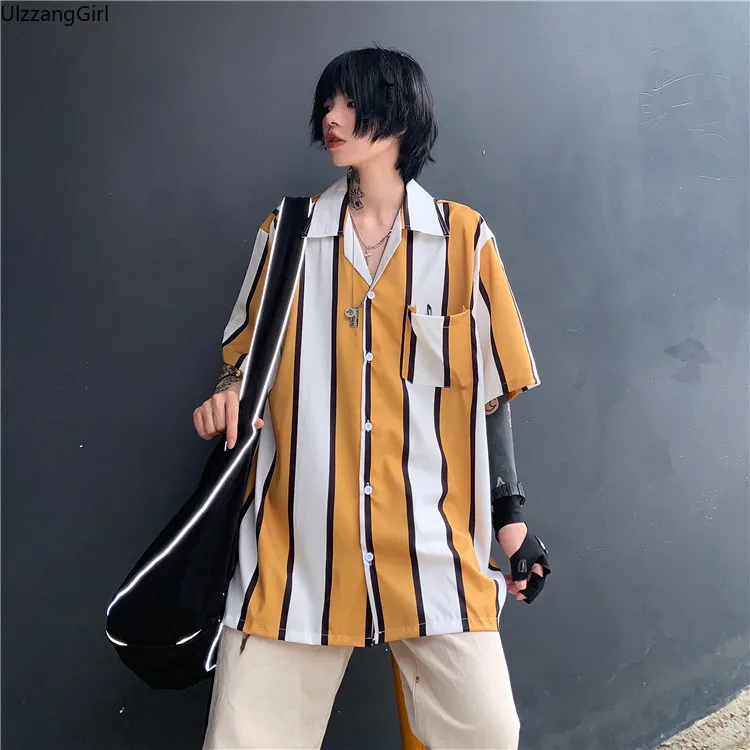 

Vintage Casual Striped Short Sleeve Loose Blouse Harajuku Streetwear Korean Women Top Shirt Summer Pocket Blusas Block Fashion