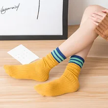 Женский вязаный край для девочек в стиле Харадзюку, длинные носки до середины голени, носки в стиле ретро с цветными полосками, лоскутные хлопковые носки для студентов