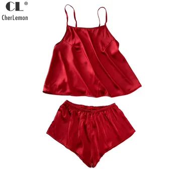 

CherLemon Soft Solid Satin Camisole and Short Set Women Summer Adjustable Strap Pajamas Nightwear Sexy Lingerie Sleepwear L-XL