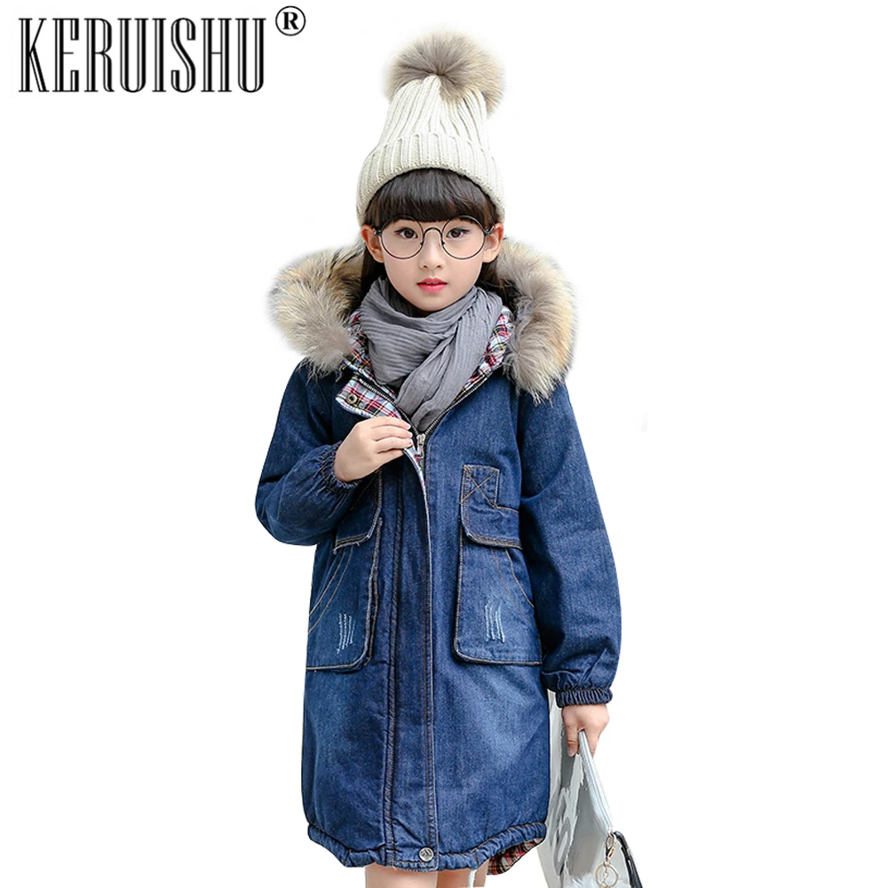 

Keruishu kids clothes Winter keep warm Parkas coats children clothing fur collar hooded denim jacket girls 6-15 year Outerwear
