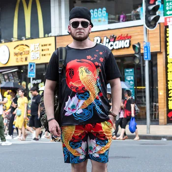 

2019 Chinese style Carp Lotus Printing tide Models Large size Short-sleeved T-shirt Men Loose Quick-Drying Men's T-shirt XL-6XL