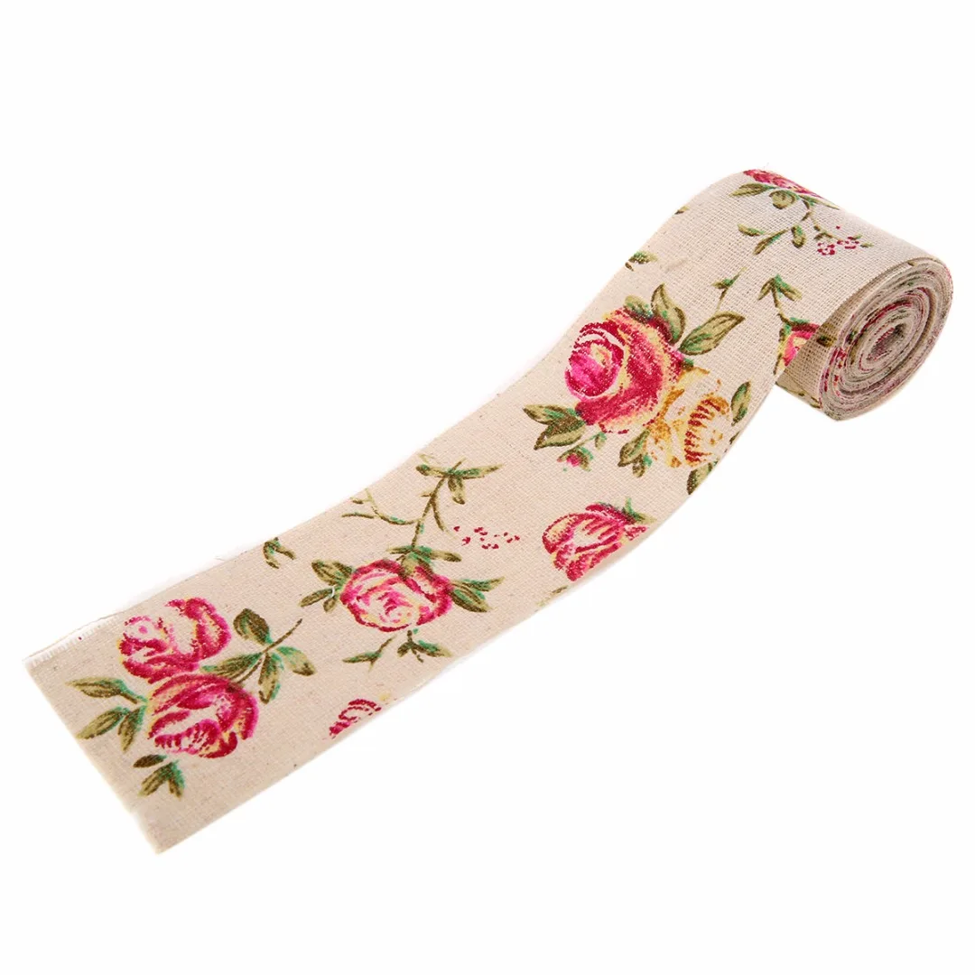 3M Vintage Rose Floral Print Burlap Stylish Hessian Ribbon Fabric DIY Wedding Craft Decors Handmade Materials