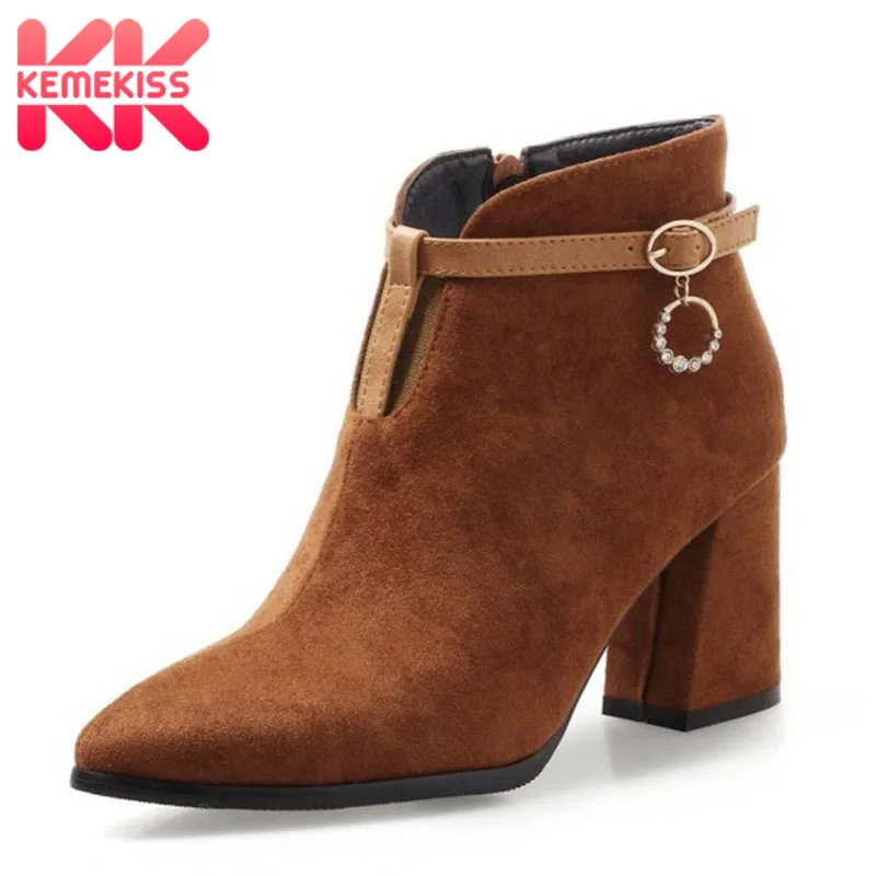 

KemeKiss Plus Size 32-47 Women High Heels Ankle Boots Sexy Pointed Toe Winter Fur Warm Short Boots Crystal Buckle Shoes Women