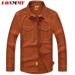 LONMMY Мужская рубашка брендовая одежда 100% хлопок длинный рукав Slim fit платье рубашка Мужская Военный стиль Camisa Повседневная 2018 новая