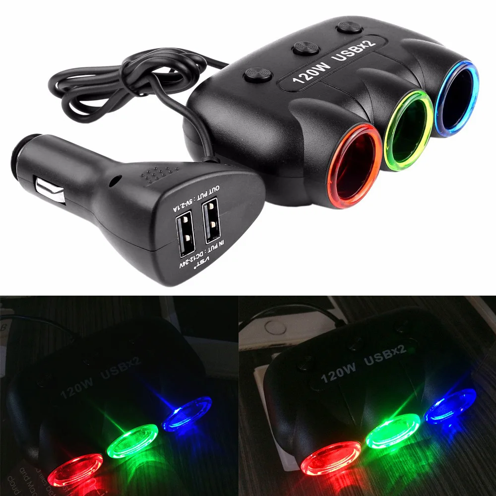12V-24V 5V/2.1A 120W Multi Socket Auto Car Cigarette Lighter Splitter 2 USB Power Adapter Charger with Switch Charger for iPhone 12V-24V 5V/2.1A 120W Multi Socket Auto Car Cigarette Lighter Splitter 2 USB Power Adapter Charger with Switch Charger for iPhone