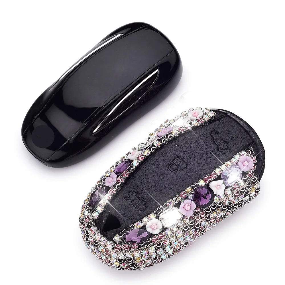 

Gift Car Luxury Diamond Leather Key Case Holder Cover Ring Shell For Tesla Model S Model X Key Porcket Protect Accessories