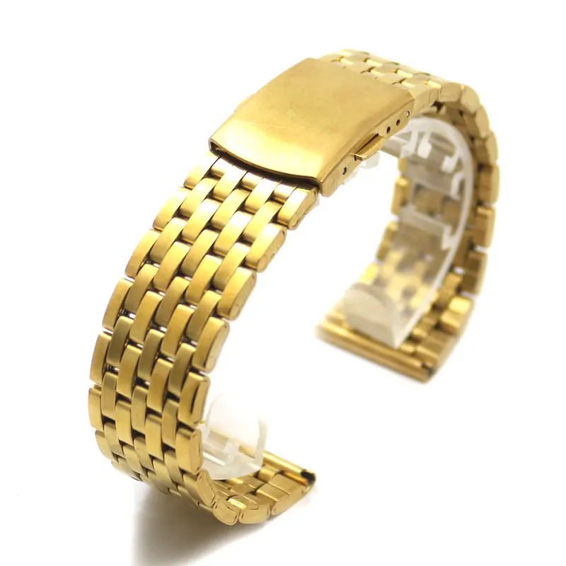 

Golden 18mm Stainless Steel Wristbands Replacement Watch Strap Bnad Push Button Double Flip + 2 Spring Bars