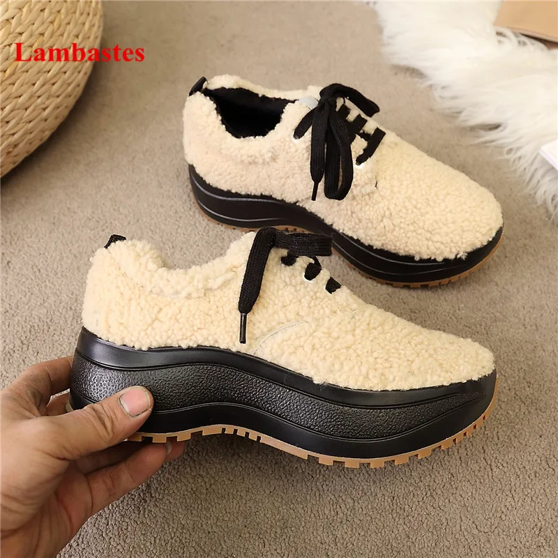 

Autumn Winter Shoes Women Wool Designer Lace Up Platform Women Sneakers Luxury Brand Short Plush Wedges Cozy Casual Shoes Mujer
