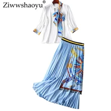 Ziwwshaoyu рубашка с круглым вырезом и бантом+ плиссированная длинная юбка с кисточками, комплект с темпераментным принтом, весенний и летний женский комплект