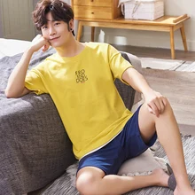 Хлопок пижамы шорты для мужчин повседневное летние Мужская пижама комплект мягкие дышащие ночная рубашка