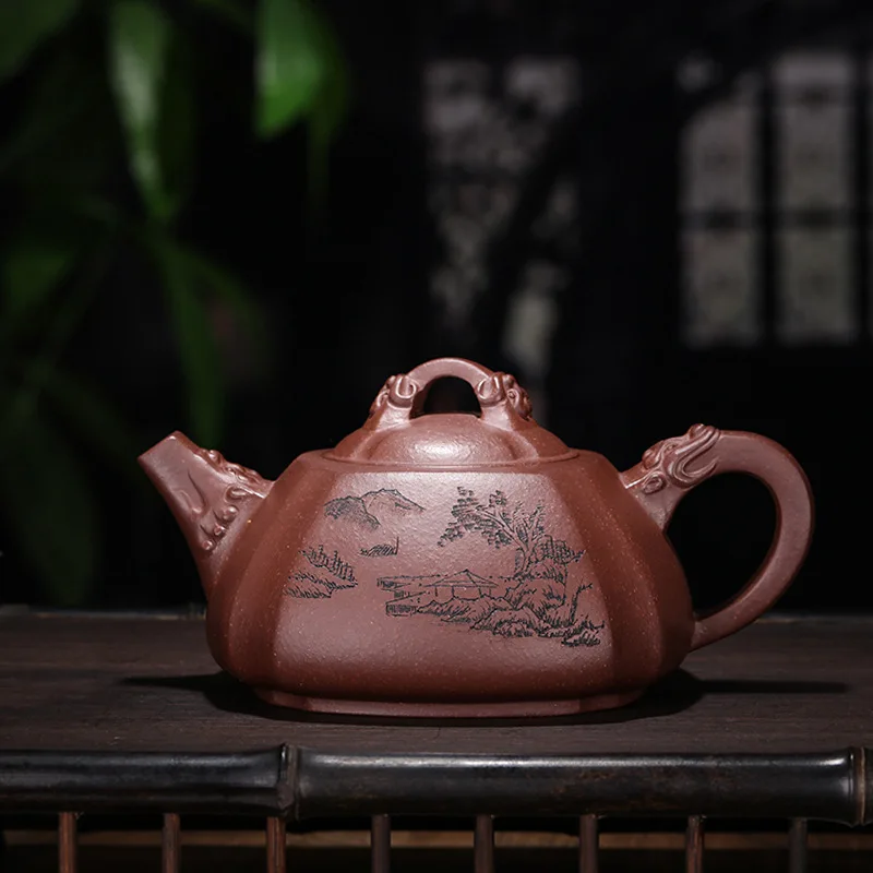 

Raw Ore Yixing Teapot Tea Set Purple Ink For Imprinting Of Seals Square Angle Of Extraction Manual Engraving Landscape Kettle