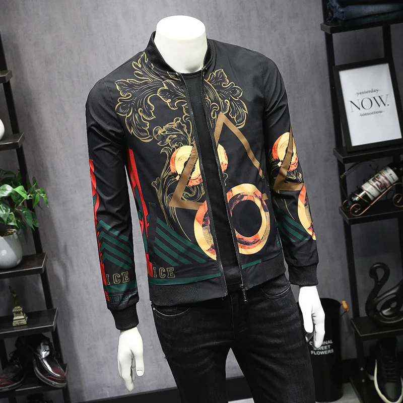 2019 Autumn Casual Fashion Jacket Men Gold Print High Quality Men's Streetwear Coat Slim Fit Stand Jackets Windbreaker Clothes 2019 Autumn Casual Fashion Jacket Men Gold Print High Quality Men's Streetwear Coat Slim Fit Stand Jackets Windbreaker Clothes