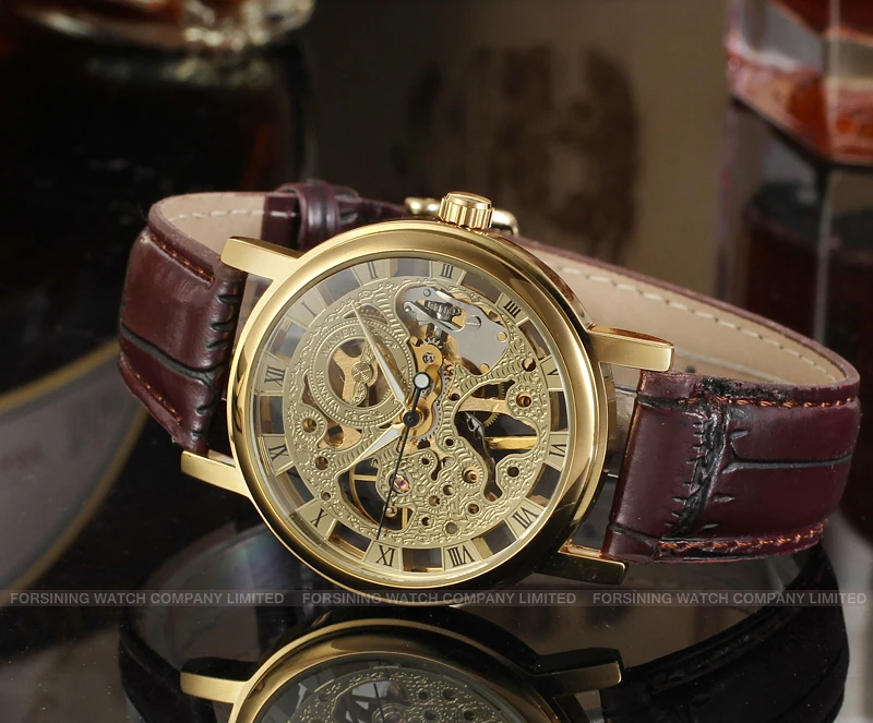 Factory Directly Deep Red Band Golden Mens Skeleton Watches T-winner For Sale