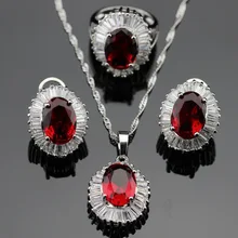 Hecho en China Imitado Rojo Granate Blanco CZ Sistemas de La Joyería del Color de Plata Pendientes/Colgante/Collar/Anillos Para mujeres Caja de Regalo Libre