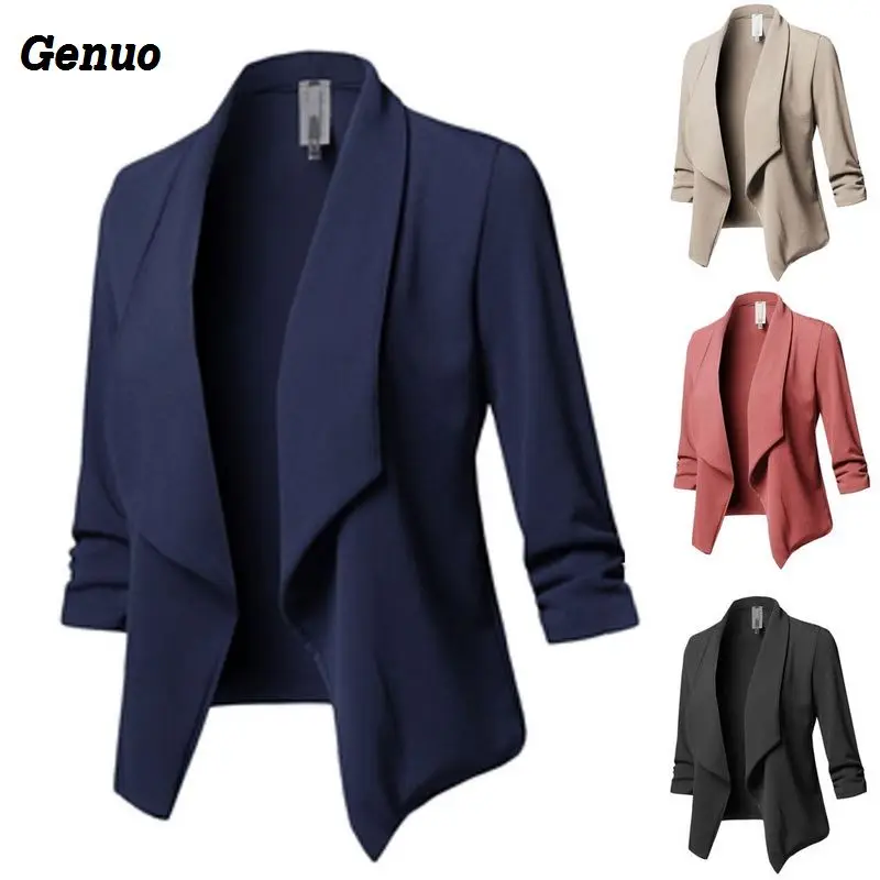 Genuo Для женщин блейзер сплошной Цвет костюм Длинные рукава с лацканами Повседневное костюмы для маленьких Тонкий дамы пиджаки
