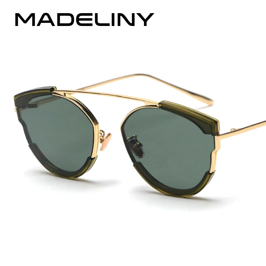 

MADELINY New Fashion Cat Eye Women Sun Glasses Classic Metal Brand Designer 2018 Personality Coating Mirror Sunglasses MA099