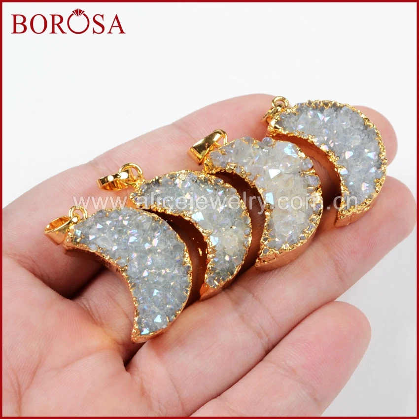 BOROSA 5 шт. золотые цвета в форме Луны Кристалл Друза кулон ожерелья Агаты Drusy AB для