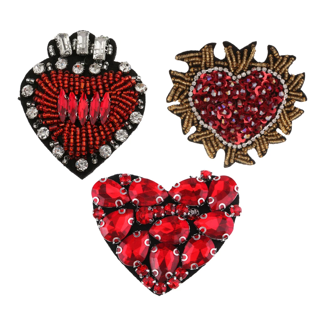 3 Pieces Beaded Crystal Love Heart Badge Applique Patch Sew On Patch DIY Sewing Accessories