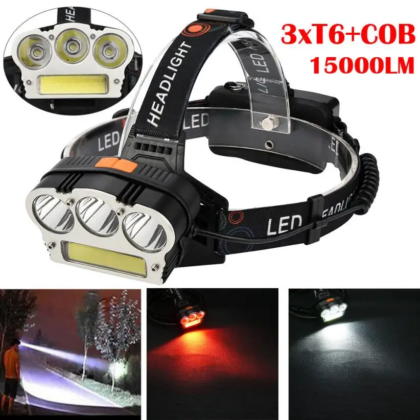 15000LM 3x XM-L T6 светодиодный + 1xcob Перезаряжаемые 18650 налобный фонарь