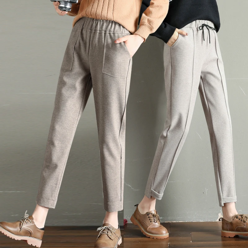 

Excellent Quality Elastic Waist Woolen Cargo Pants Women Lace Up Harem Pants 2019 Winter New Ladies Trousers Cashmere Pants