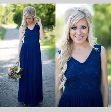 Beautiful Long Chiffon Bridesmaid Dress V Neck Zipper Back Floor Length Navy Blue Lace Formal Women Gown