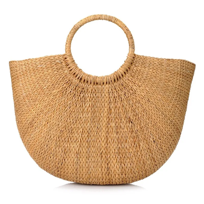 

Natural Chic Hand-woven Round Handle Ring Straw Tote Retro Large Casual Summer Women Beach Handbags