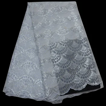 

Free shipping (5yards/pc) white silver African organza mesh yarn lace fabric with sequins beads for party dress OP82