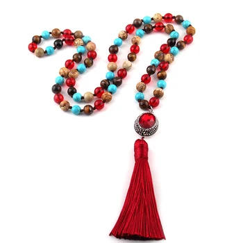 

Free Shipping Fashion Bohemian Tribal Jewelry Semi Precious Stones Long Knotted Stone Handmake Paved Crystal Tassel Necklaces