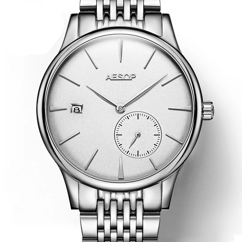Aesop часы Мужские автоматические сапфировые механические часы тонкие мужские s наручные часы Мужские часы Relogio Masculino - Цвет: White silver S B