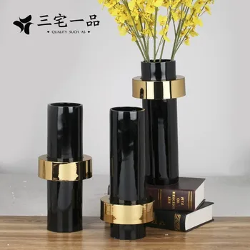 

Free shipping Simple modern model room combination flower set three-piece black Phnom Penh art vase countertop vase decoration