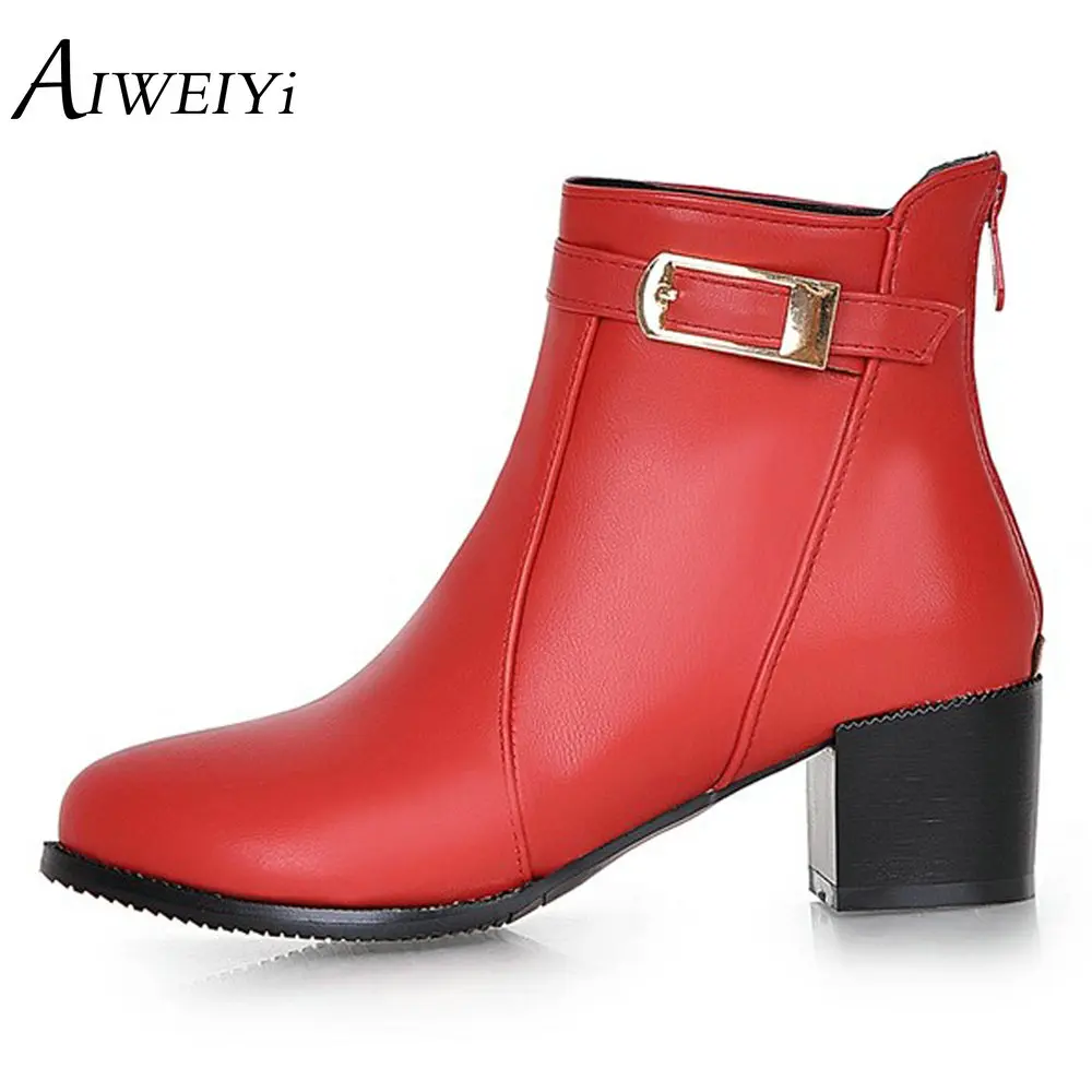 AIWEIYi Square High Heeled Shoes Woman Round toe Buckle Design Autumn Winter Women Ankle Boots Botas