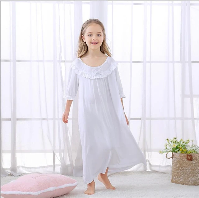 cantidad Borrar lluvia Camisón de manga larga con lazo blanco para niña, vestido de pijama de  algodón de alta calidad, ropa de dormir para el hogar - AliExpress