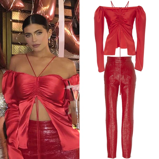 Satin Off the Shoulder Ruched Open Top Back Zipper Red Bardot Babe Top Inspired by Kylie jenner 5
