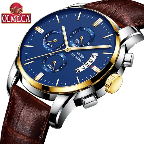 OLMECA часы для мужчин модные повседневные спортивные часы Relogio Masculino хронограф светящийся Водонепроницаемый Бизнес relojes кварцевые часы - Цвет: Leather Blue Gold