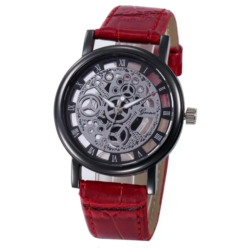 Timezone#501 модные деловые часы со скелетом, Мужские кварцевые наручные часы с гравировкой и полым ремешком, женские часы с кожаным ремешком