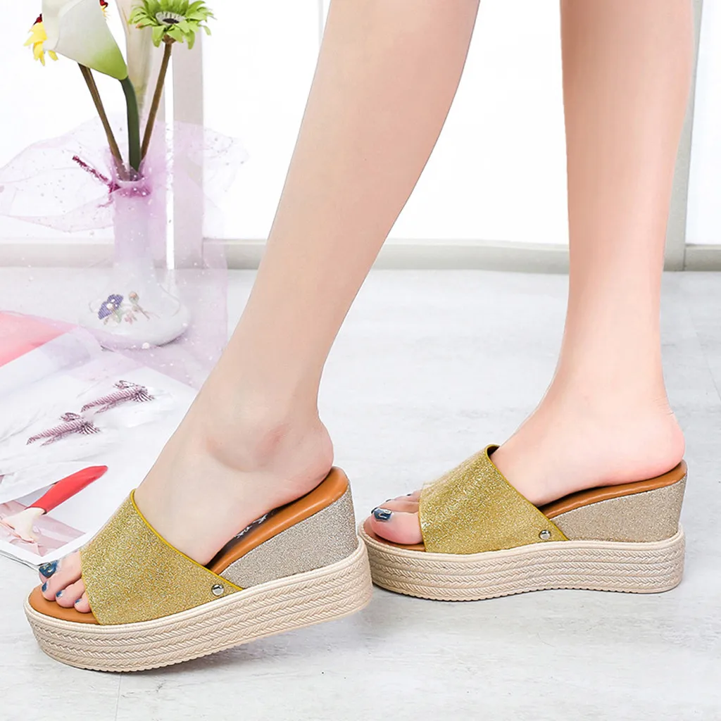 

Women Slippers 2019 low Heeled Mules Transparent summer Wedges String Bead Women Slippers Clear open Toe slides#g35