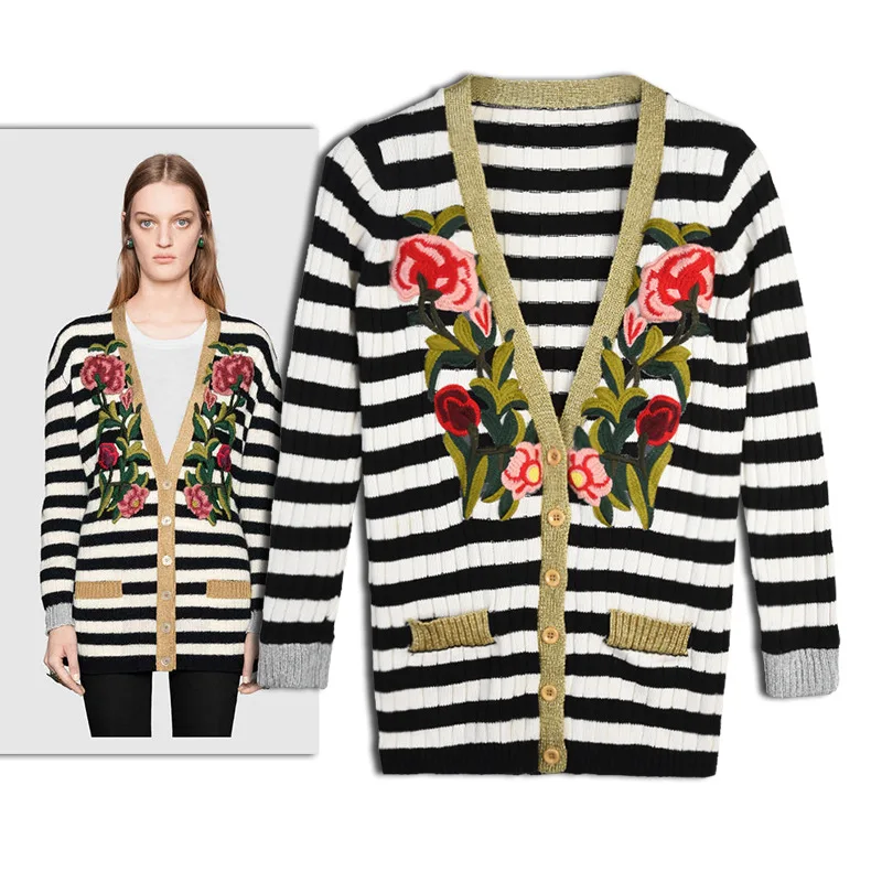 Star The Same Type Heavy Industry Embroidery Gold Thread Three-dimensional Black White Striped Sweater Women Loose Medium Long Star The Same Type Heavy Industry Embroidery Gold Thread Three-dimensional Black White Striped Sweater Women Loose Medium Long