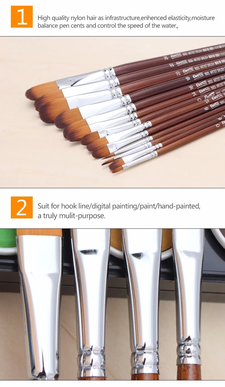 Conjunto para a Escola Bianyo Artista Filbert Cabelo Acrílico Pintura Escova Crianças Desenho Ferramenta Aquarela Arte Suprimentos 13 Pçs 6 High Quality Material escolar e de escritório