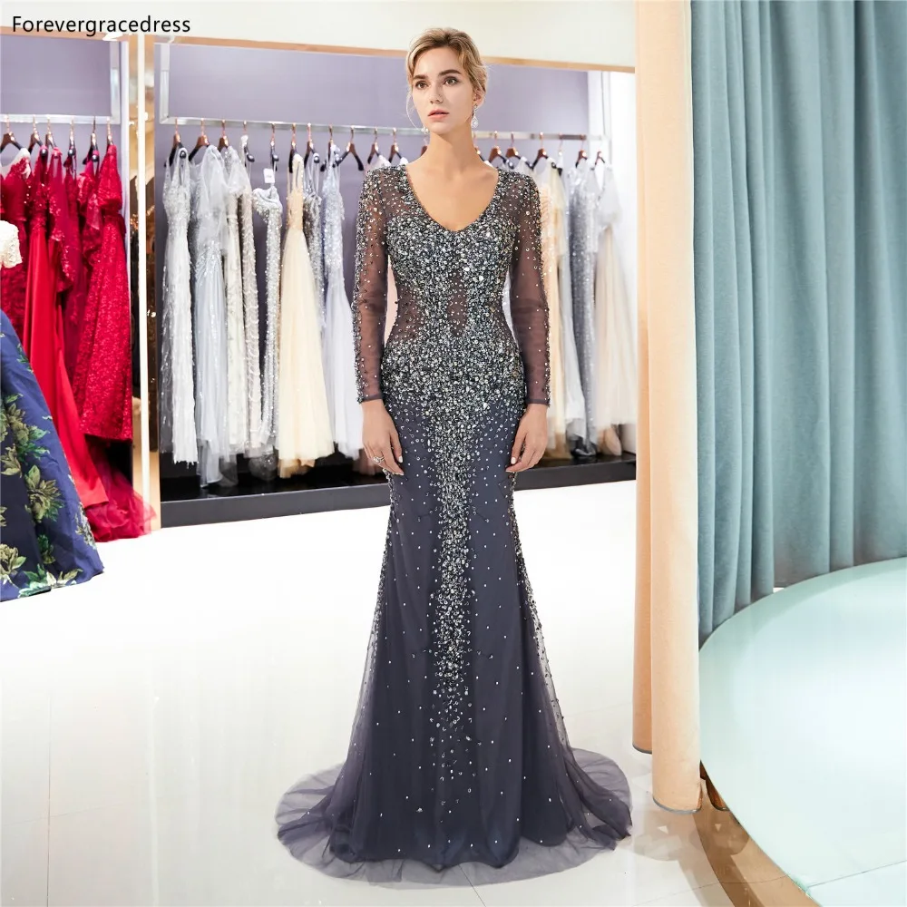 

Forevergracedress Navy Blue Evening Dresses 2019 Beading With Long Sleeves Formal Party Gowns Plus Size Custom Made