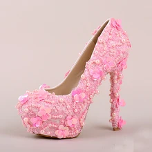 Dazzing Lace Wedding Shoes Pink Pearl Sequins High Heels Platform Dress Shoes Lovely Party Shoes Bling Bling Bridesmaid Shoes