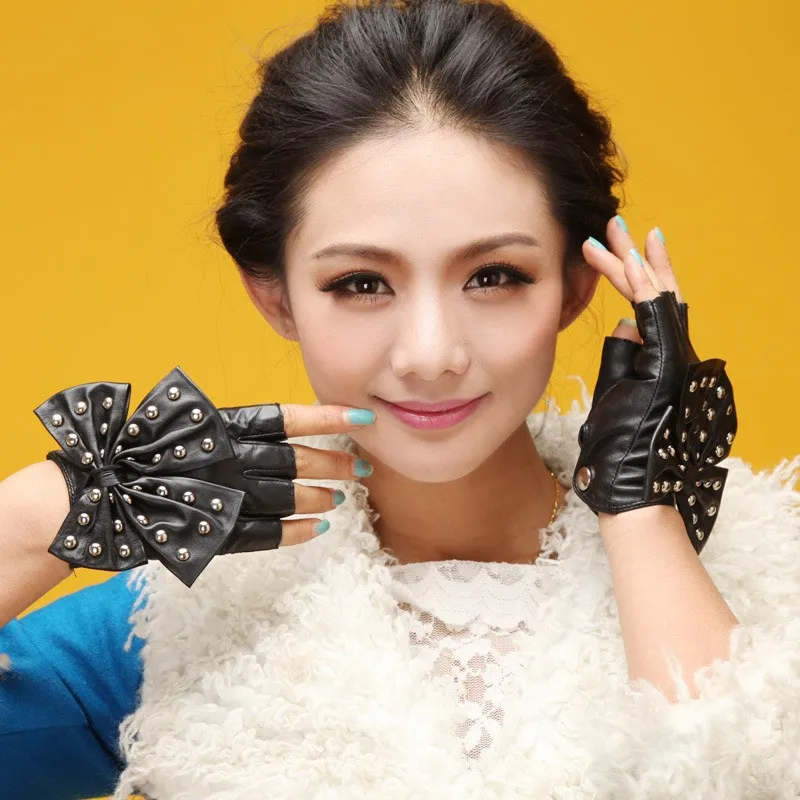 2015-New-Summer-autumn-Women-genuine-leather-fingerless-semi-finger-driving-punk-rivert-lovely-bow-knot (2)