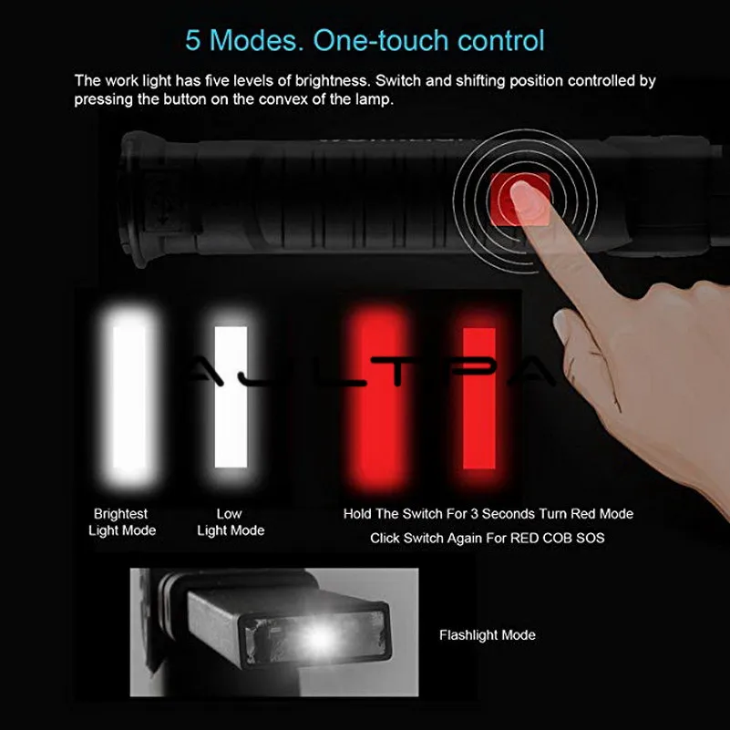 Recarregável de Bolso Modos de Iluminação Luz de Trabalho Levou Portátil 360 Graus Rotate 5 Magnética Base Giratória Gancho Cob Usb Luz 6 lâmpada cob de bolso com rotação de