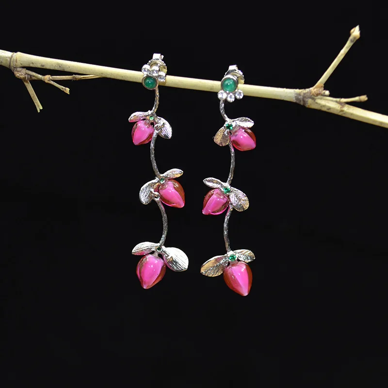 

nail female retro cherry small glaze inlaid green chalcedony inlaid drill eardrop hand-made original long style