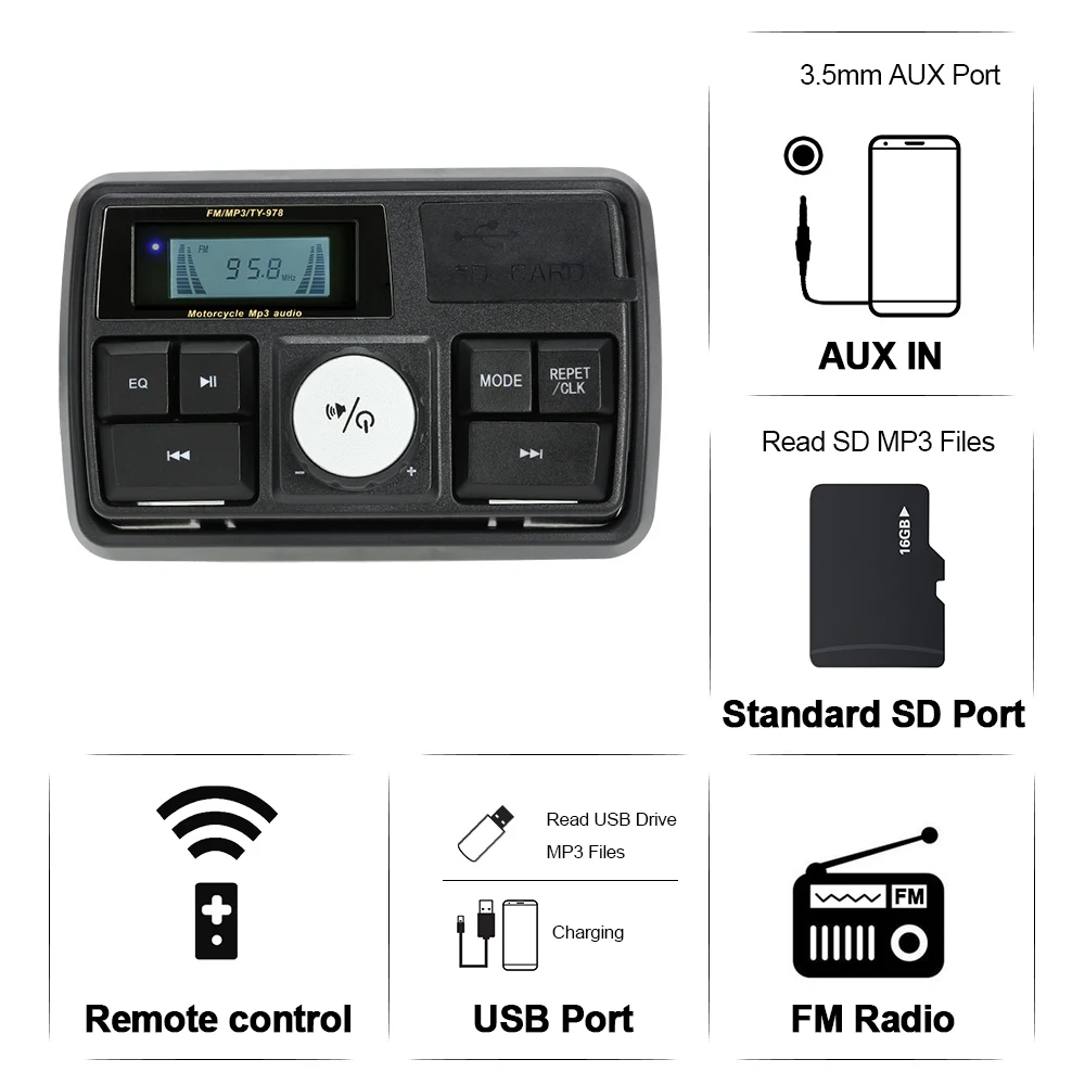 Мотоцикл аудио система усиления " Руль Стерео Динамик FM MP3 USB SD AUX с пультом дистанционного управления и сигнализации Функция