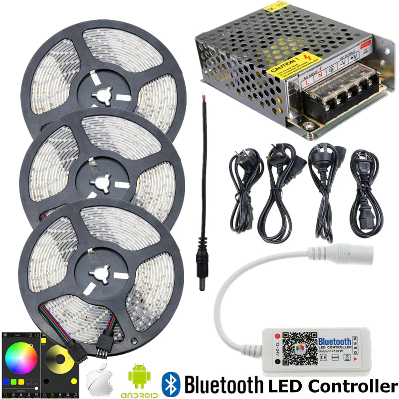 RGB LED Клейкие ленты свет IP65 Водонепроницаемый Светодиодные ленты 12 В SMD строка лента + контроллер Bluetooth + LED Питание для наружного украшения